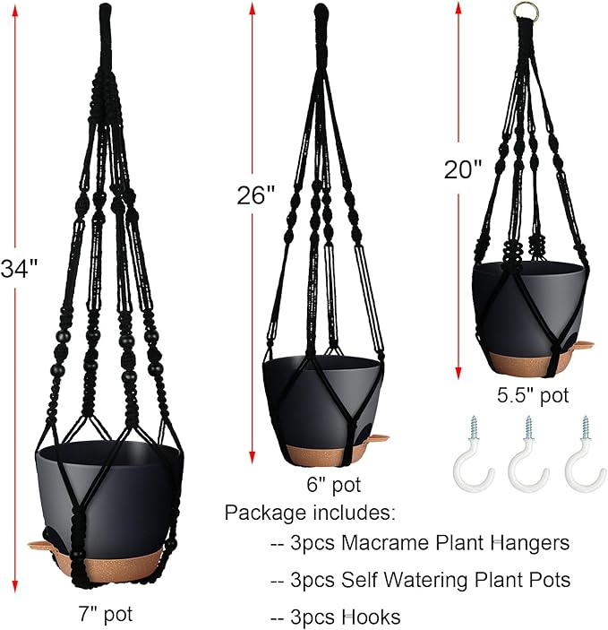 Bouqlife 3 Pack Self Watering Hanging Planters Macrame Plant Hangers with Indoor Flower Pots, 3 Different Size Hanging Basket, Plant Hanger with Hooks for Garden Home Decor Black
