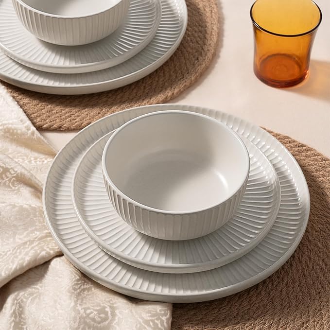Famiware Starlight 24-Piece Plates and Bowls Sets for 8, Stoneware Dinnerware with Ribbed Textured, Handcrafted Reactive Glaze Dishes - Dishwasher & Microwave Safe, Chip/Scratch Resistant, Matte White