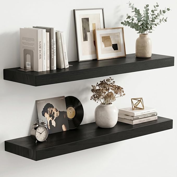 fuqing 24" x 6.7" x 1.4" Black Floating Shelves Set of 2, Rustic Black Wood Shelves for Living Room Bathroom, Hardware Included, 40 Lbs, Invisible Brackets