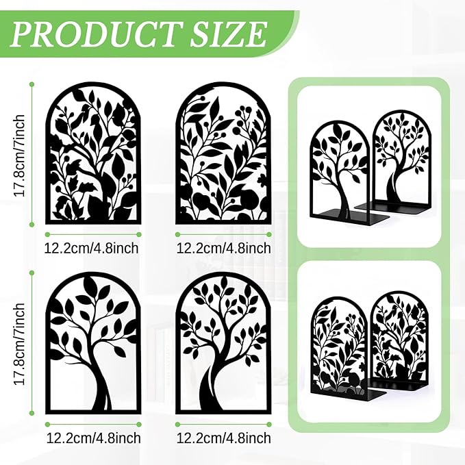 Sanwarm Metal Bookends Botanical Tree Book Ends Decorative Bookend for Home Office Library Desk Book Shelves Decor, Gift for Reading Enthusiasts Non-Skid Book Stoppers Holder (Black 2 Pair)