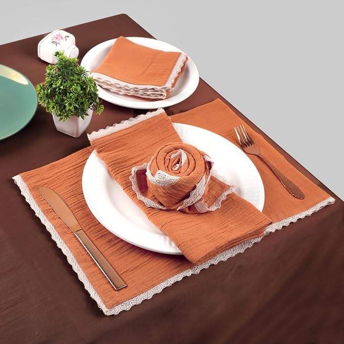 Fingercraft Dinner Cloth Napkin Cotton Muslin Double Gauze 4 Pack with Classic Lace for Everyday Use, Wedding, Party, Christmas, Easter Napkins Cloth are Pre Shrunk and Good Absorbency Rust