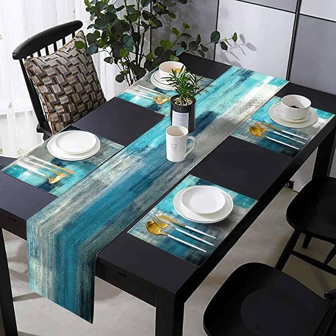 Teal Blue Abstract Table Runner and Place Mats Set of 6 Turquoise Teal Placemats Cloth Dining Mat Sets Blue and Grey Modern Table Runners Washable Kitchen Accessories Decor 70 Inches Long