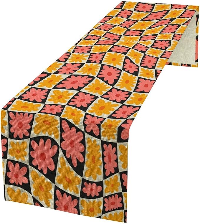 Retro Floral Checkered Table Runner 60s 70s Vintage Flower Twisted Colorful Groovy Trendy Hippie Grid Farmhouse Country Dinner Runner for Home Kitchen Dining Table Party Holiday Decor 13"x90"