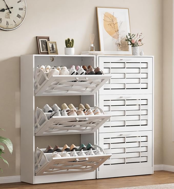 White Shoe Cabinet Storage with 6 Flip Drawers for Entryway, Slim Shoe Rack Cabinet with Woven Design Drawers, Narrow Shoe Organizer for Hallway, Apartment (White, 6 Drawers)