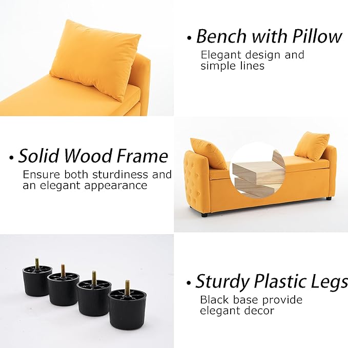 Storage Bench for Bedroom, 60" End of Bed Bench for King Size Bed,Tufted Bench Modern Upholstered Long Ottoman Bench with Arm (Mustard Yellow, Velvet-60 Wide)