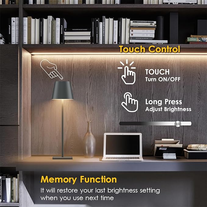2 Packs LED Cordless Table Lamp, Rechargeable Battery Desk lamp 5000mAh Battery Operated Stepless Dimming Modern Portable Table Light for Restaurant/Table/Bedroom/Outdoor IP54 Waterproof (Anthracite)