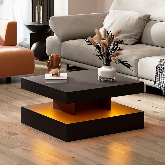 HedoAjim Black LED Coffee Table for Living Room, Living Room Table 2-Tier Square Middle Center Table, Modern Coffee Tables with Storage, Wood Tea Tables for Dining Reception, Skin Feeling