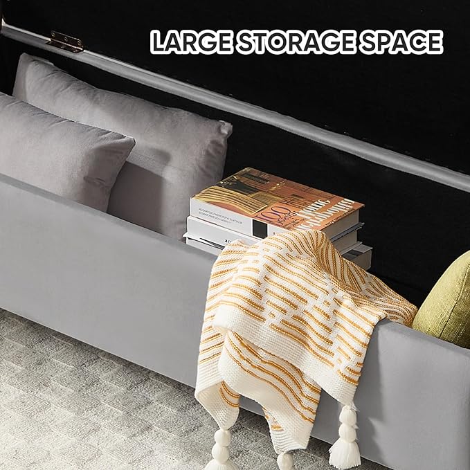 65" Storage Bench for Bedroom, End of Bed Storage Bench King Size with Tufted Button Upholstered and Gold Legs, Ottoman Bedroom Benches with Armrests for Living Room Window, Light Grey