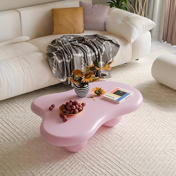 47" Cloud Coffee Table for Living Room Irregular Coffee Table Modern Unique Coffee Tables Cute Center Table with 3 Ball Legs for Small Space Apartment Cream Pink