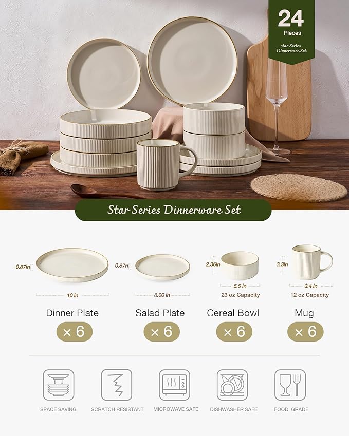 Famiware Star 24-Piece Stoneware Dinnerware Sets with Trim, Service for 6 - Ceramic Mugs, Plates, Bowls, Dishes for Everyday/Party/Formal Use, Chip/Scratch Resistant, Microwave/Dishwasher Safe, White