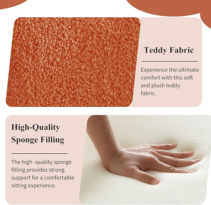 3-Piece Modern Ottoman Bench Set, 44" Wide Teddy Upholstered End of Bed Bench with 2 Foot Stools, Padded U-Shaped Entry Bench Vanity Stool for Living Room Bedroom (Orange)