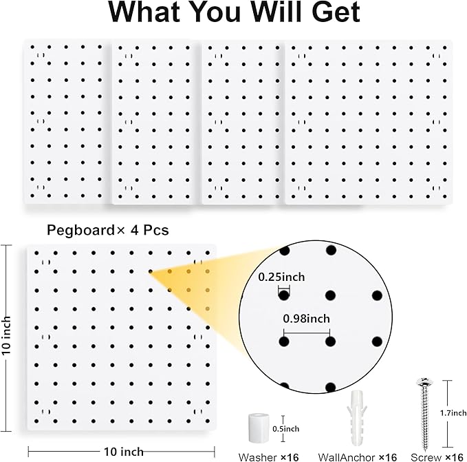 Pegboards, Pegboard Wall Organizer Panels, Peg Boards for Wall, Craft Room, Kitchen, Garage, Living Room, Bathroom, and Study Room, Easy to Install (4Pcs)