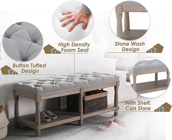 Farmhouse Storage Bench Wooden Entryway Upholstered Tufted Ottoman Bench for Bedroom End of Bed Hallway Organizer, Grey