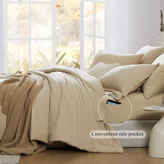 WRENSONGE Oversized Queen Comforter Set - 7 Pieces Beige Bed in a Bag Queen with Sheets, 2 Pillow Shams, and 2 Pillowcases- Warm Bedding Sets Queen for All Season