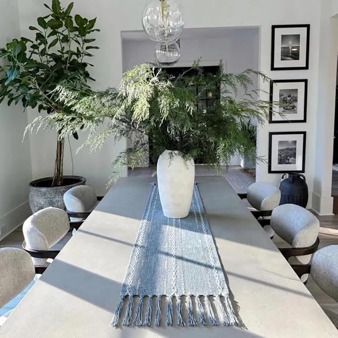 Farmhouse Decor Boho Table Runner with Macrame, Elegant Dusty Blue Coffee Table Runners 108 Inches Long, Rustic Home Decor Boho Decorations for Dining Room Kitchen Baby Bridal Shower (13"×108")