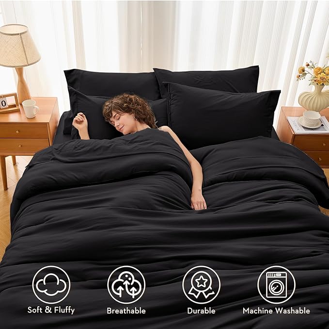 MUXHOMO 7 Pieces California King Comforter Set, Soft Bed in a Bag Cal King Size, All Season Bedding Set with Comforter, Flat Sheet, Fitted Sheet, Pillowcases & Shams, Black