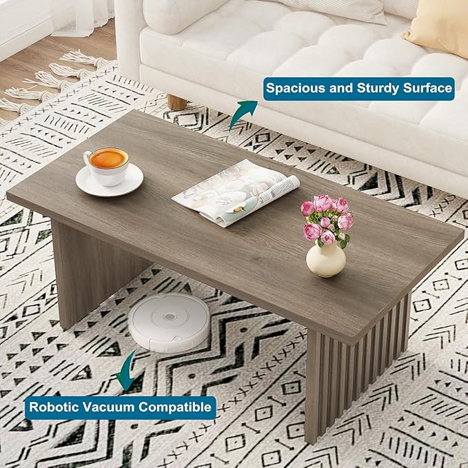 BON AUGURE Fluted Coffee Table, Wood Living Room Tables, Rectangle Coffee Tables for Living Room, Center Table for Home, Office (Greige Oak, 43Inch)