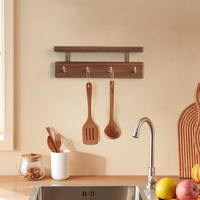Solid Wood Shelf with Hooks, 12 inch Coat Rack Wall Mount, Shelves with 4 Brass Hooks for Hanging in Entryway, Living Room, Bathroom, Bedroom, Kitchen(Walnut)
