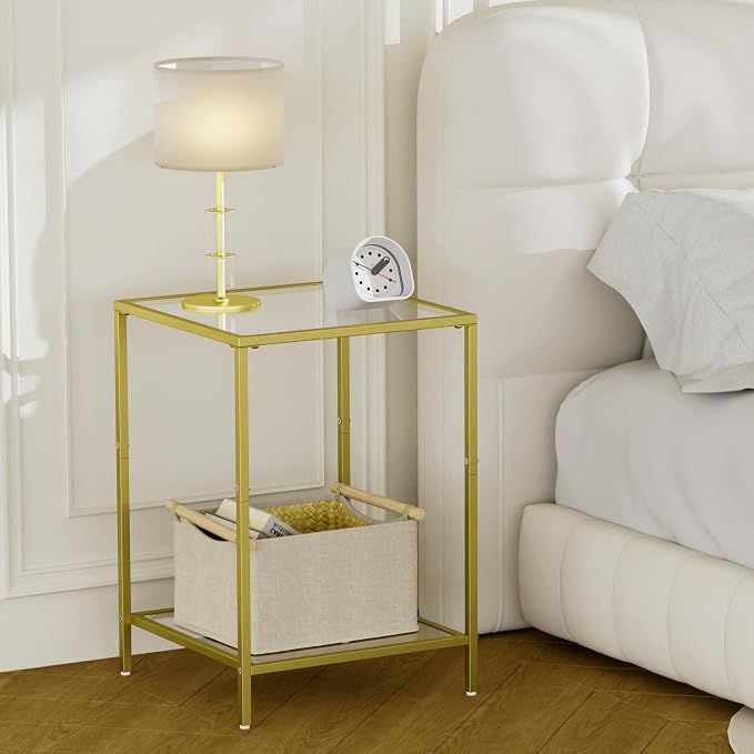 HOMSHO Side Tables Set of 2, End Table with Tempered Glass, 2-Tier Nightstands with Storage Shelves, Coffee Table with Modern Style, Square Sofa Table for Living Room, Bedroom, 15.7"D x 15.7"W, Gold
