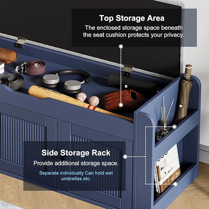 42.6" Storage Bench - Entryway Shoe Bench with Side Storage Shelves and 3 Doors, Multifunctional Entryway Bench with Lift Top Cushion, Shoe Storage Bench for Bedroom, Living Room, Blue