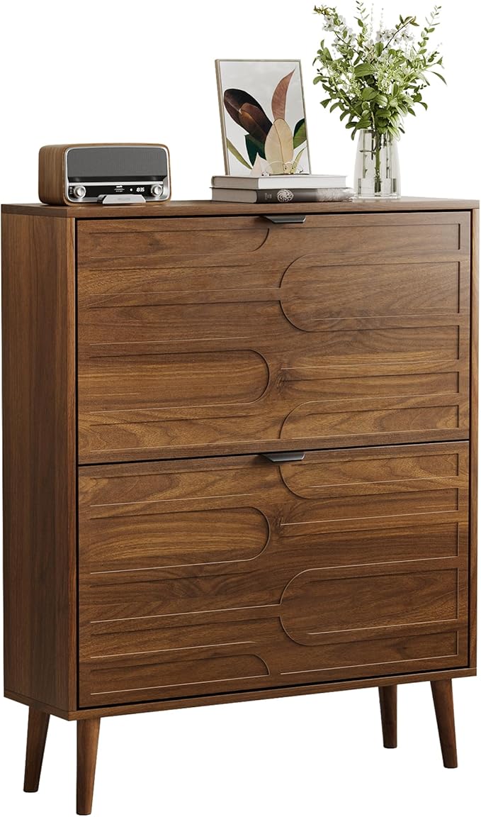 Spaco Walnut Shoe Cabinet Storage for Entryway,Narrow Shoe Organizer Cabinet with 2 Flip Drawers,Slim Shoe Rack with Solid Wood Leg for Hallway,Closet