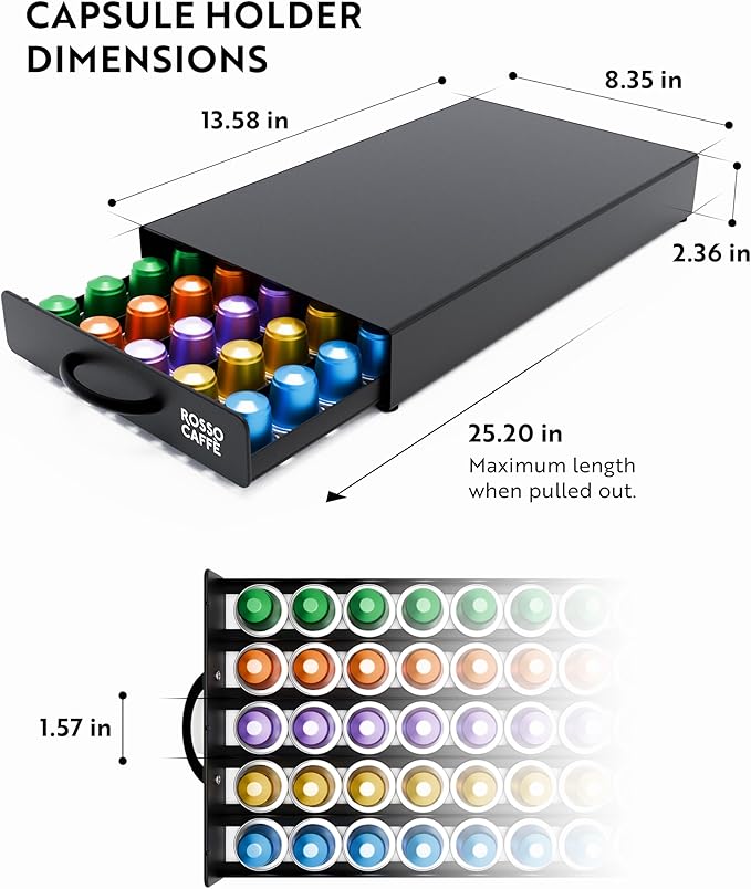 ROSSO CAFFÈ Coffee Capsule Drawer Organizer Compatible with Nespresso Original Machines, Holds 45 Capsules, Space-Saving Countertop Storage, Sleek Design