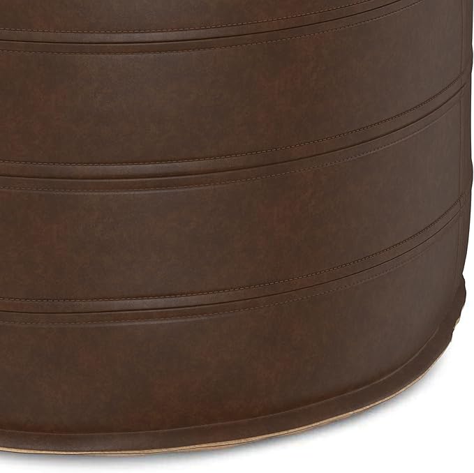 SIMPLIHOME Brody Round Pouf - 20 inch Wide Upholstered Vegan Leather Ottoman in Distressed Dark Brown, Boho Footstool or Extra Seating for Living Room or Bedroom with Polystyrene Filling, Assembled