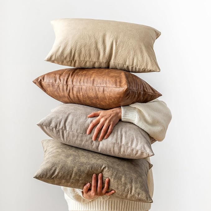 Cognac Pillow Covers 12x20 Inch Neutral Vintage Decorative, Pack of 2 Leather Lumbar Soft Rustic Cushion Covers for Home Decor Outdoor Waterproof Pet Hair Resistant Throw Pillow Covers