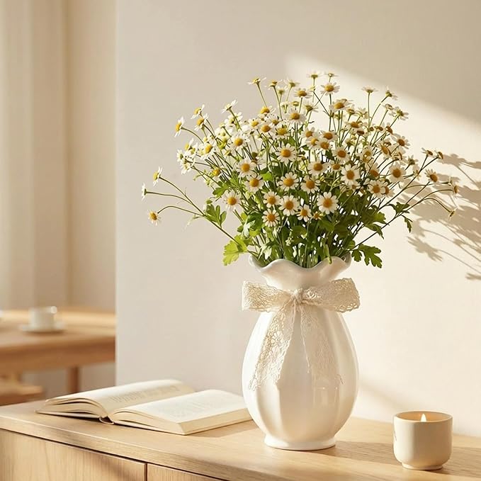 White Ceramic Vase with Ribbon, Flower Vase for Home Decor, Decorative Vases for Bouquet, Modern Farmhouse Centerpiece for Table, Living Room, Wedding Gift