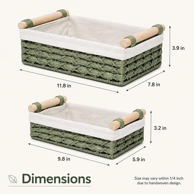 Green Wicker Bathroom Baskets Set of 2 with Linen Liner & Wooden Handles – Sage Green Paper Rope Storage Baskets for Shelves, Bathroom Counter & Spa Décor