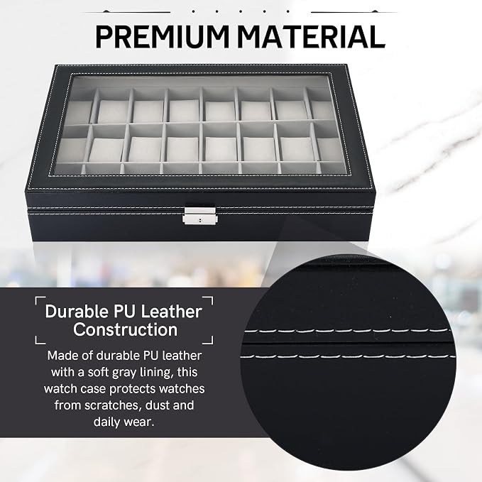 MYFULLY 24 Slot Watch Box, Lockable Watch Storage Organizer with Removable Pillows for Men and Women, Portable Watch Display Case with Gray Lining for Travel, Collection and Jewelry Storage