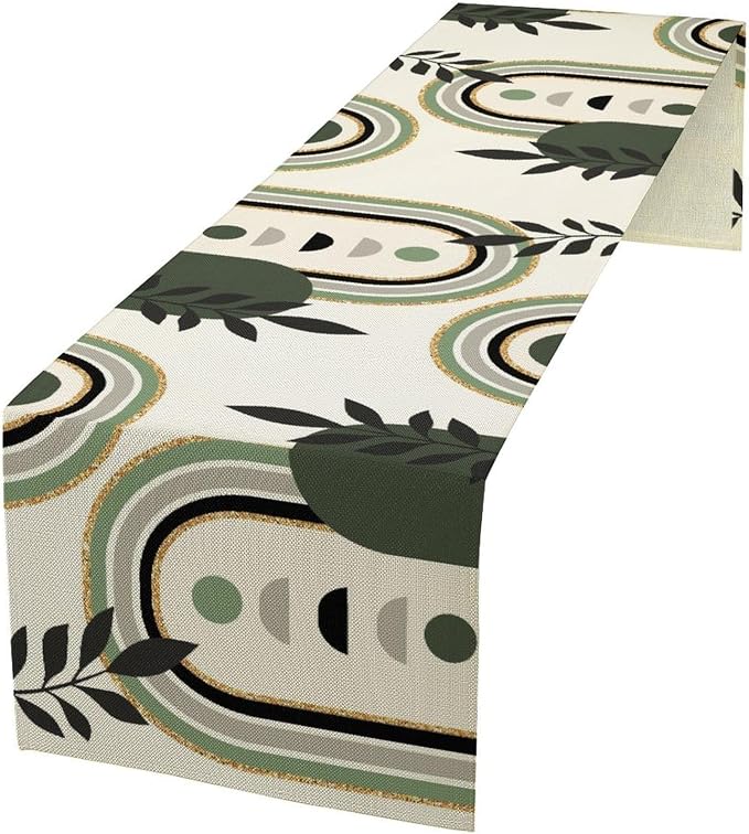 YCness Mid Century Boho Table Runner, Green Abstract Modern Sun Moon Minimalist Plants Table Runner for Bedroom Living Room Kitchen Laundry Room 13x120 Inch