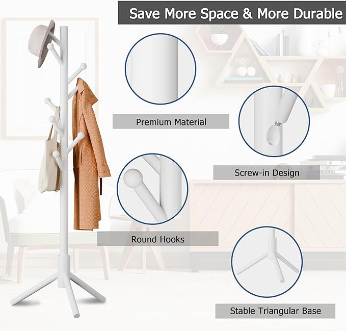 Coat Rack, Coat Racks Freestanding with 8 Hooks 3 Adjustable Heights for Clothes, Hats, Handbags, Coat Tree Easy Assembly for Entryway, Bedroom, Hallway, Office(White)