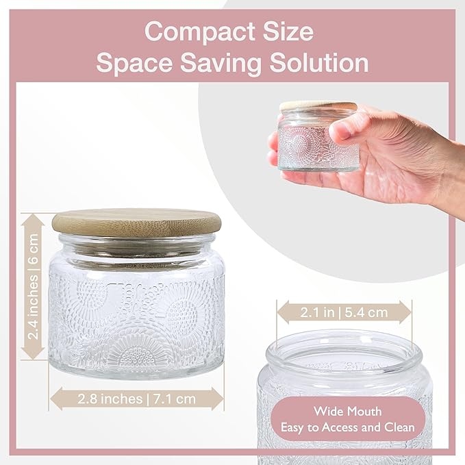4 oz Pink Glass Jars with Airtight Bamboo Lids 6 pack, Decorative Small Food Storage Canister, Vintage Embossed Home Décor Candle Parties Wedding Baby Shower Favors Gift