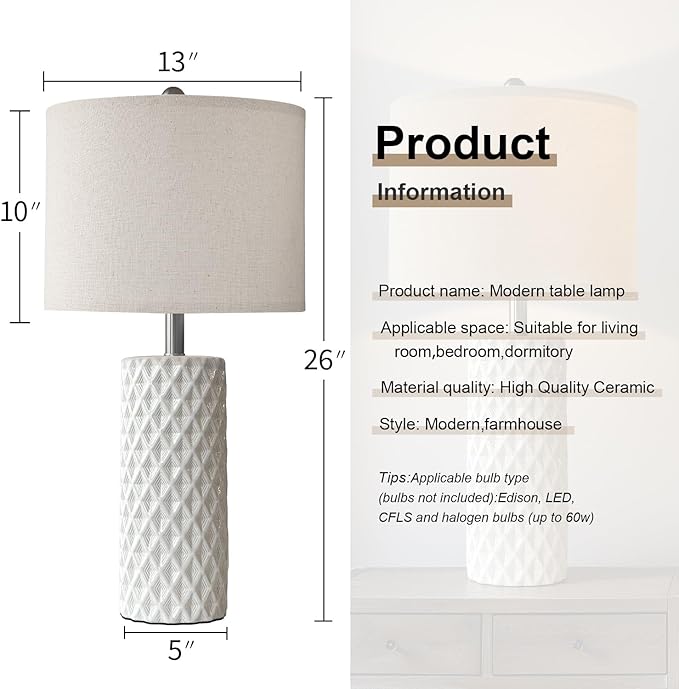 USumkky 26" Tall Table Lamp for Living Room -Vintage White Lamps Set of 2 Modern Ceramic Lamps for Night Stands, Bedside Lamp for End Tables, Nightstand Lamps for Bedroom