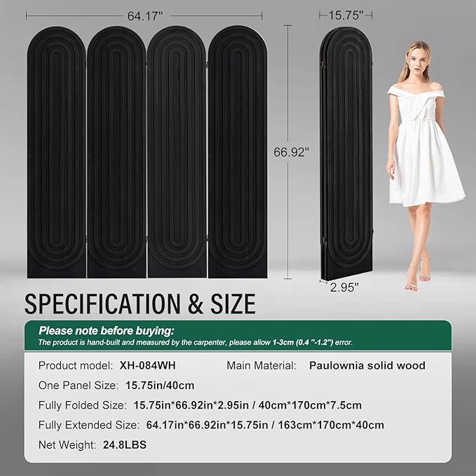 Room Divider and Folding Privacy Screen 4 Panel Wood Arched Room Divider Wall, Separators Divider for Room Separation, Folding Portable Partition Screen for Home Office Bedroom (Black)