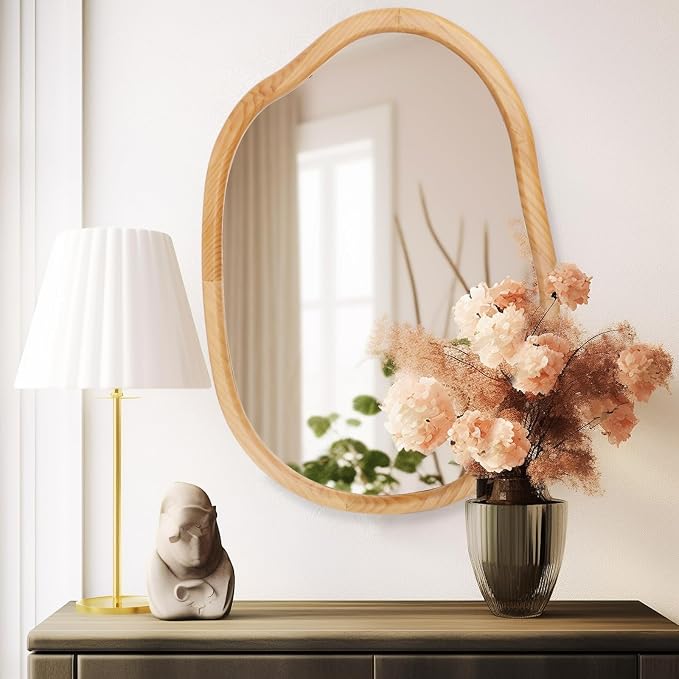 Gluck Plants Irregular Wall Mirror,Wood 22X30 Large Asymmetrical Modern Vanity Bathroom Farmhouse Abstract Walnut Nature Mirror for Bedroom Living Room Entryway