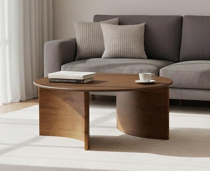 ROCITY 31.5″ Round Coffee Table, Walnut Circle Coffee Table with Curved Base, Solid Wood, Ideal for Living Room, Apartment, Compact Place