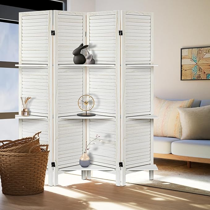 Room Divider with Shelves, Privacy Screen, Room Dividers and Folding Privacy Screens, 4 Panel Wood Temporary Wall Partition Separation Separator, White
