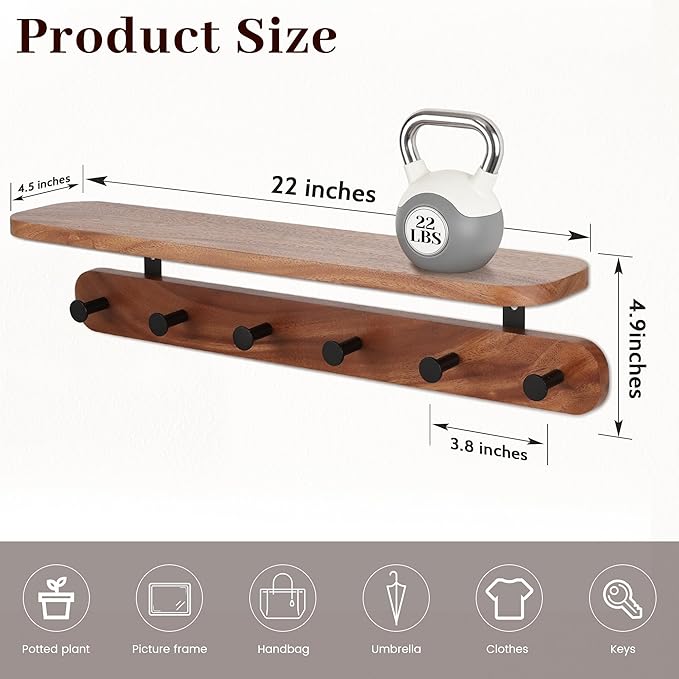 Coat Rack Wall Mount with Shelf, 22" Walnut Wood Wall Shelf with Hooks, Entryway Floating Coat Rack with 6 Metal Hangers for Coats, Backpacks, Living Room, Bedroom, Bathroom (Brown-22'' L)