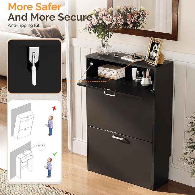 VINGLI Shoe Cabinet Storage for Entryway with 2 Flip &1Drop-Down Drawers | 24.8" W Narrow Slim,Modern Black Color,Holds 8–12 Pairs of Shoes,Smart Baseboard Cut-Out Design,9.45" Depth