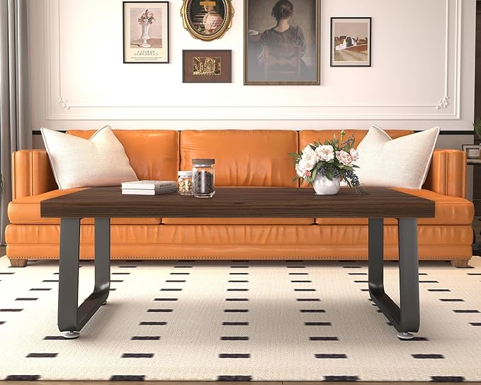 HSH Rustic Walnut Coffee Table, 39” Mid Century Modern Center Table, Rectangle Industrial Living Room Coffee Table, Simple Farmhouse Wood and Metal Tea Coffee Tables for Home Bedroom, Walnut, 39 in