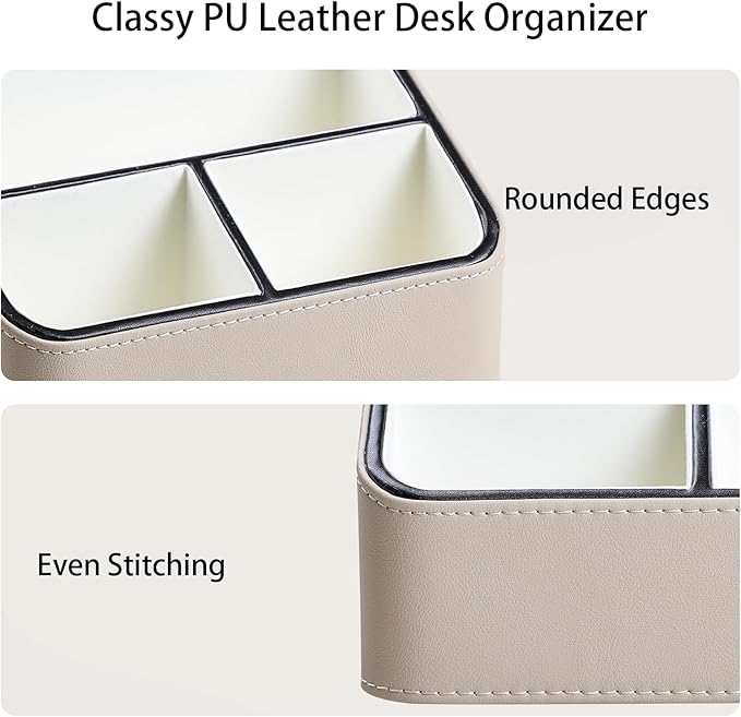 Remote Control Holder, PU Leather Small Desk Organizer with 4 Compartments, Nightstand Organizer Office Desk Accessories Desk Caddy for Countertop Bedside End Table (Beige)
