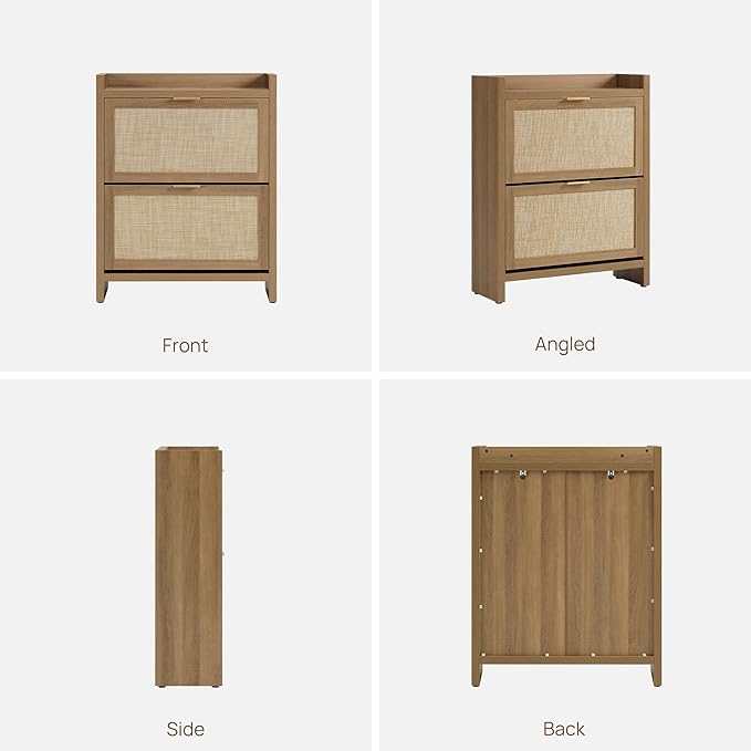 SICOTAS Rattan Shoe Storage Cabinet with 4 Flip Drawer - 11.6" Deep Freestanding Shoe Organizer with 6 Shelves for 40 Pair Shoes, Boho Large Shoe Rack Cabinet for Entryway Hallway Foyer, Oak, 2PCS