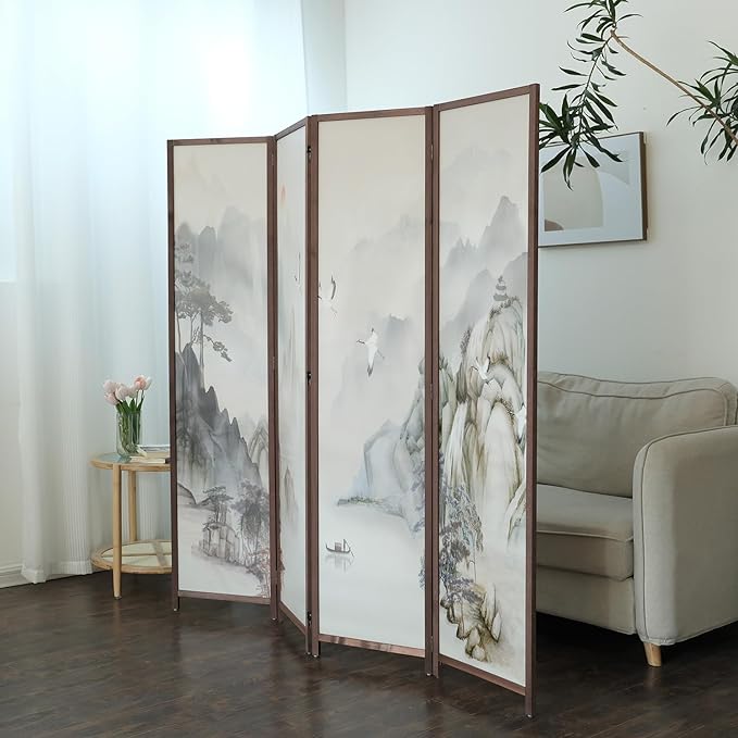 Furnnylane 4 Panel Room Divider, 5.6 ft Tall Double-Sided Blackout Folding Privacy Screen – Freestanding Wall Partition with Mountains and Waters Landscape for Home Office, Easy Setup (67" H x 63" W)