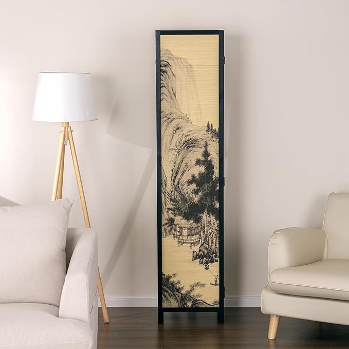 MyGift Decorative 6 Panel Folding Room Divider Bamboo Screen with Chinese Calligraphy Design, 6FT Freestanding Floral Artwork Room Partitioner with Black Wood Frame 94.5''W x 69''H