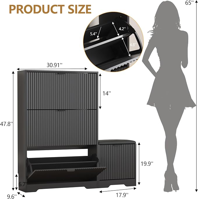 HUANLEGO Shoe Cabinet Storage for Entryway with 4 Flip Drawers, Black Fluted Shoe Cabinet with Bench, Wooden Hidden Shoe Rack Freestanding Narrow Slim Shoes Storage Organizer for Hallway, Entrance