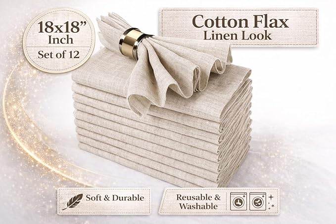 GFI Linen Clubs Cloth Napkins Set of 12, 18x18 Inch, Cotton Flax Fabric, Beige Reusable Dinner Napkins, Soft Linen Look Washable Table Napkins for Wedding, Party & Everyday Use