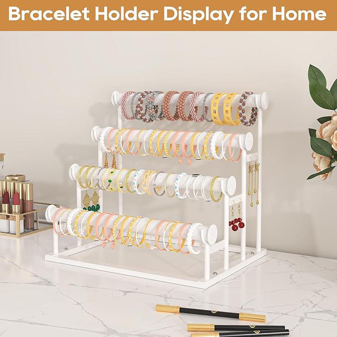 ORLESS 4 Tier Bracelet Holder, Detachable Velvet Jewelry Display Stand, T-Bar Necklace Storage Organizer Display Stand, Metal Bracelet Holder Display for Bangles Watch Bracelets Scrunchies(White)
