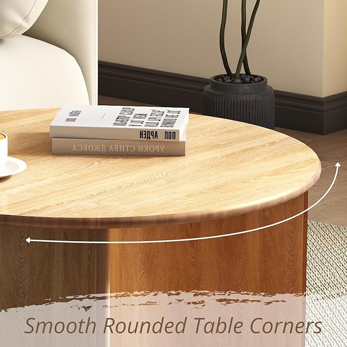 ROCITY 31.5″ Round Coffee Table, Natural Wooden Circle Coffee Table with Curved Base, Solid Wood, Ideal for Living Room, Apartment, Compact Place